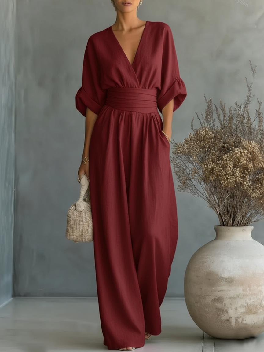 Tuta Elegante con Scollo a V e Vita Alta – Aurea Montiel
