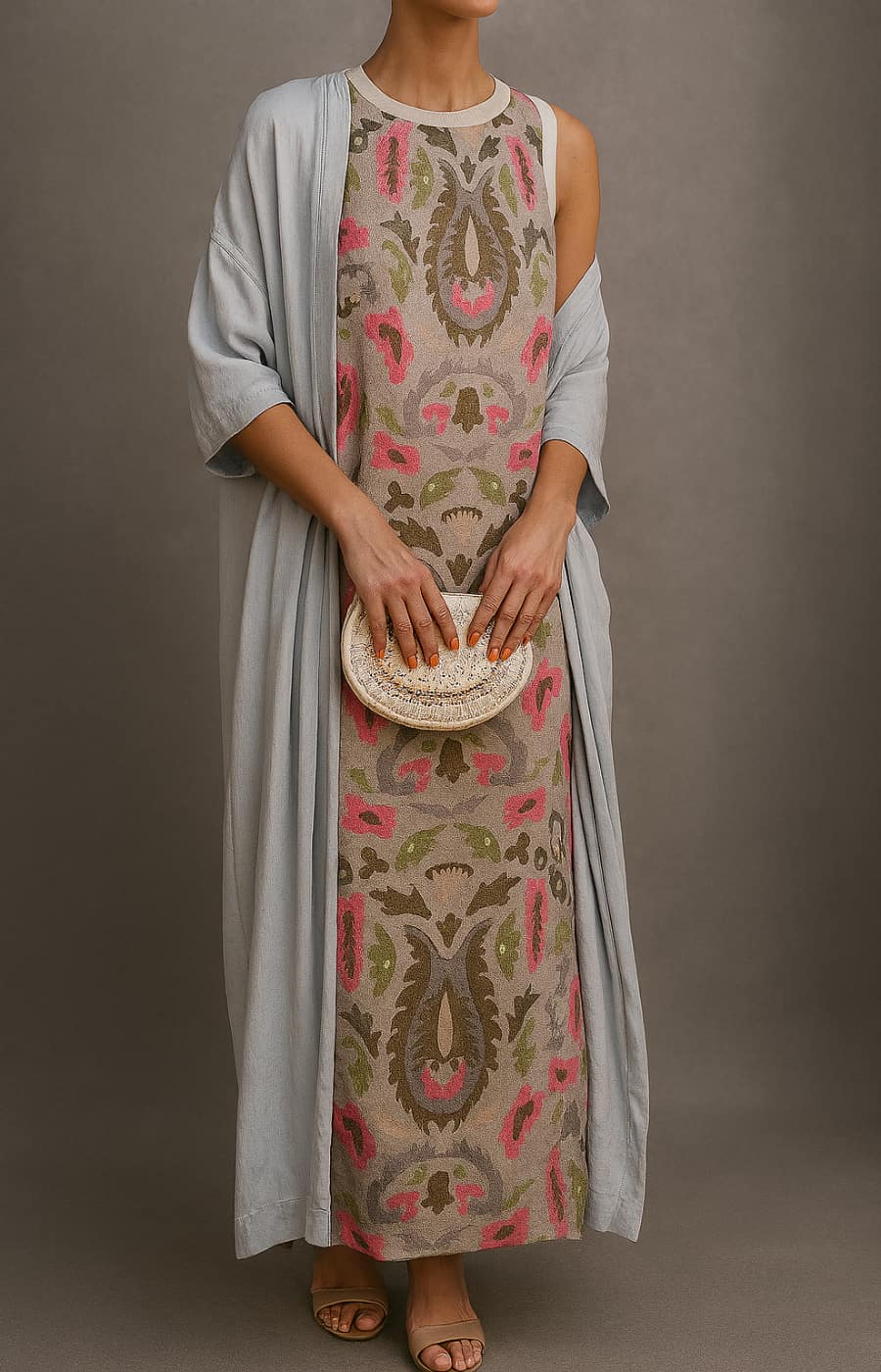 Completo Élina — Abito lungo stampato con gilet coordinato Aurea Montiel