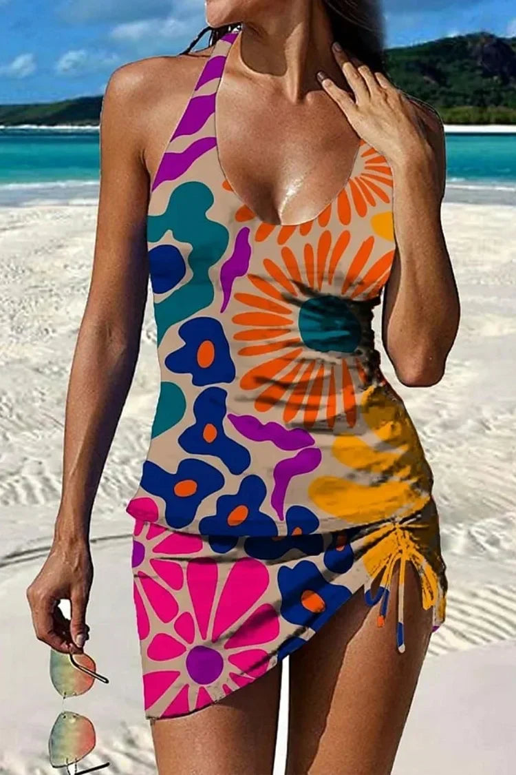 Fiesta - Set tankini a fiori con motivo grafico che copre l'addome