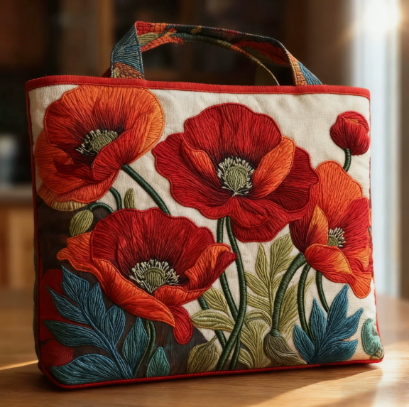Borsa imbottita realizzata a mano con motivi a papaveri