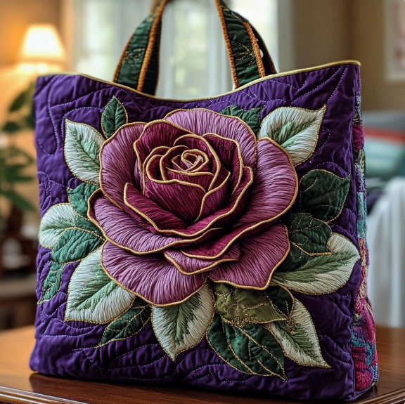 Borsa imbottita realizzata a mano con una rosa viola