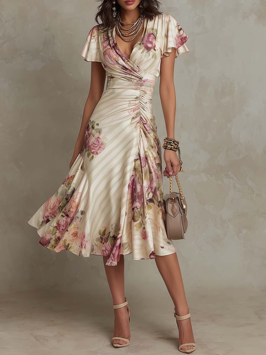 Abito midi in raso con motivo floreale, elegante e dal gusto retrò