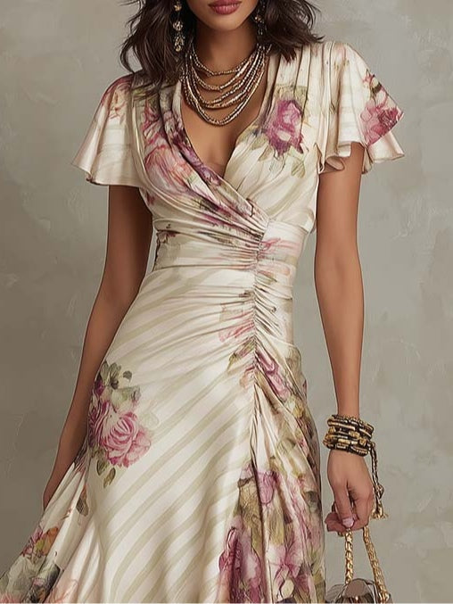 Abito midi in raso con motivo floreale, elegante e dal gusto retrò