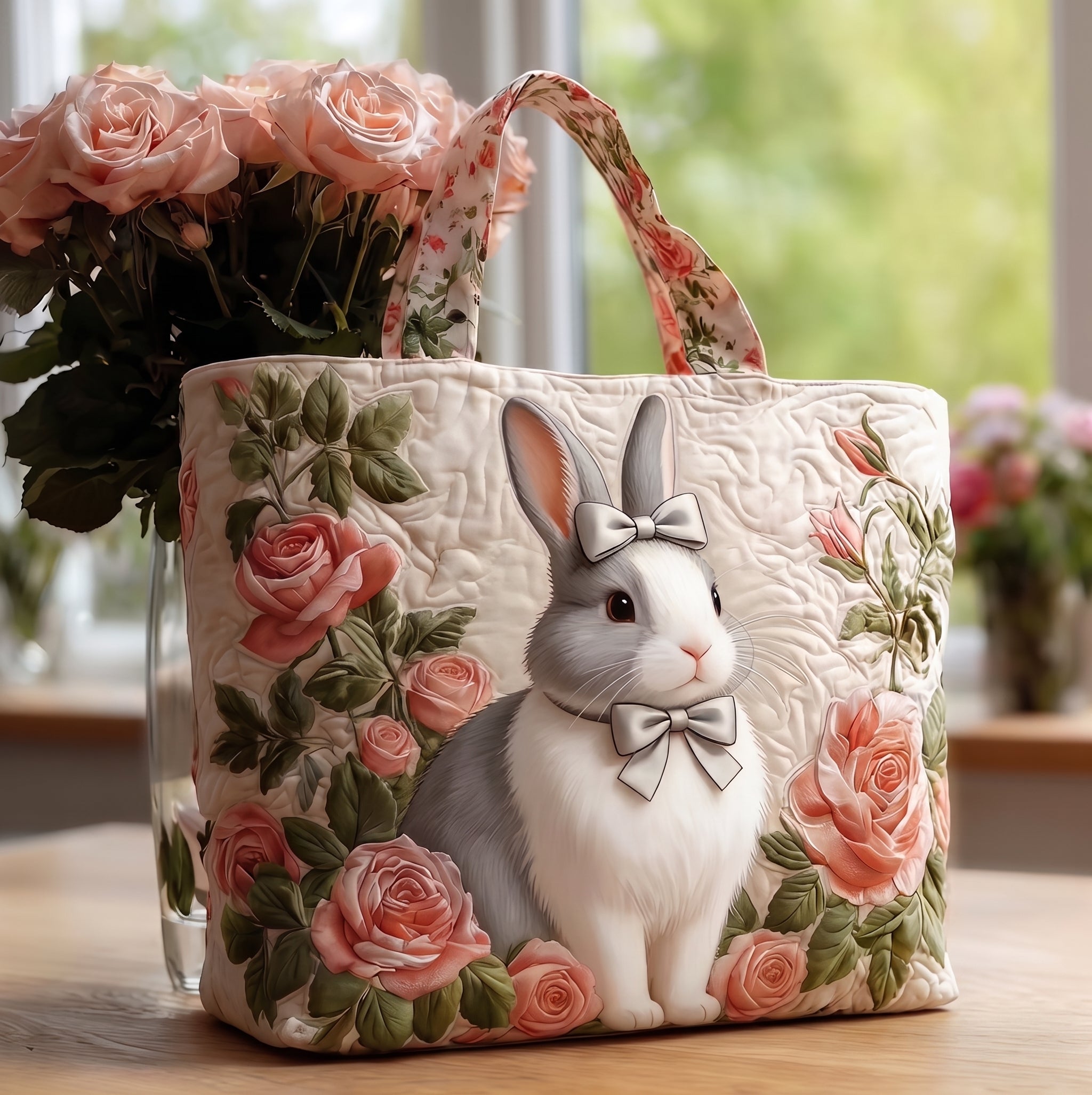 Borsa imbottita realizzata a mano con fiori rosa