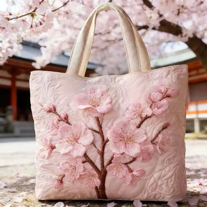 Borsa imbottita realizzata a mano con motivo a fiori di ciliegio