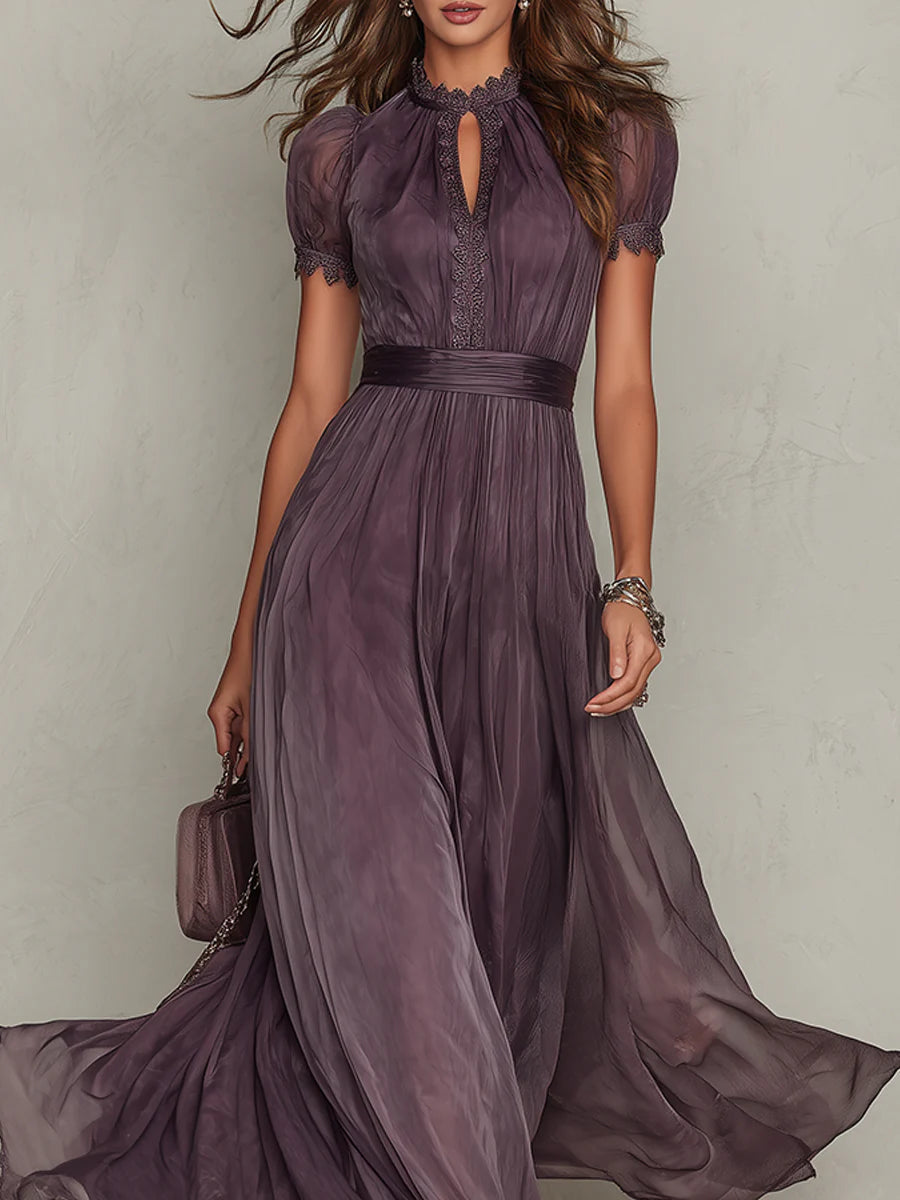 Flavia • Abito Lungo Viola con Scollo a Goccia e Pizzo – Aurea Montiel