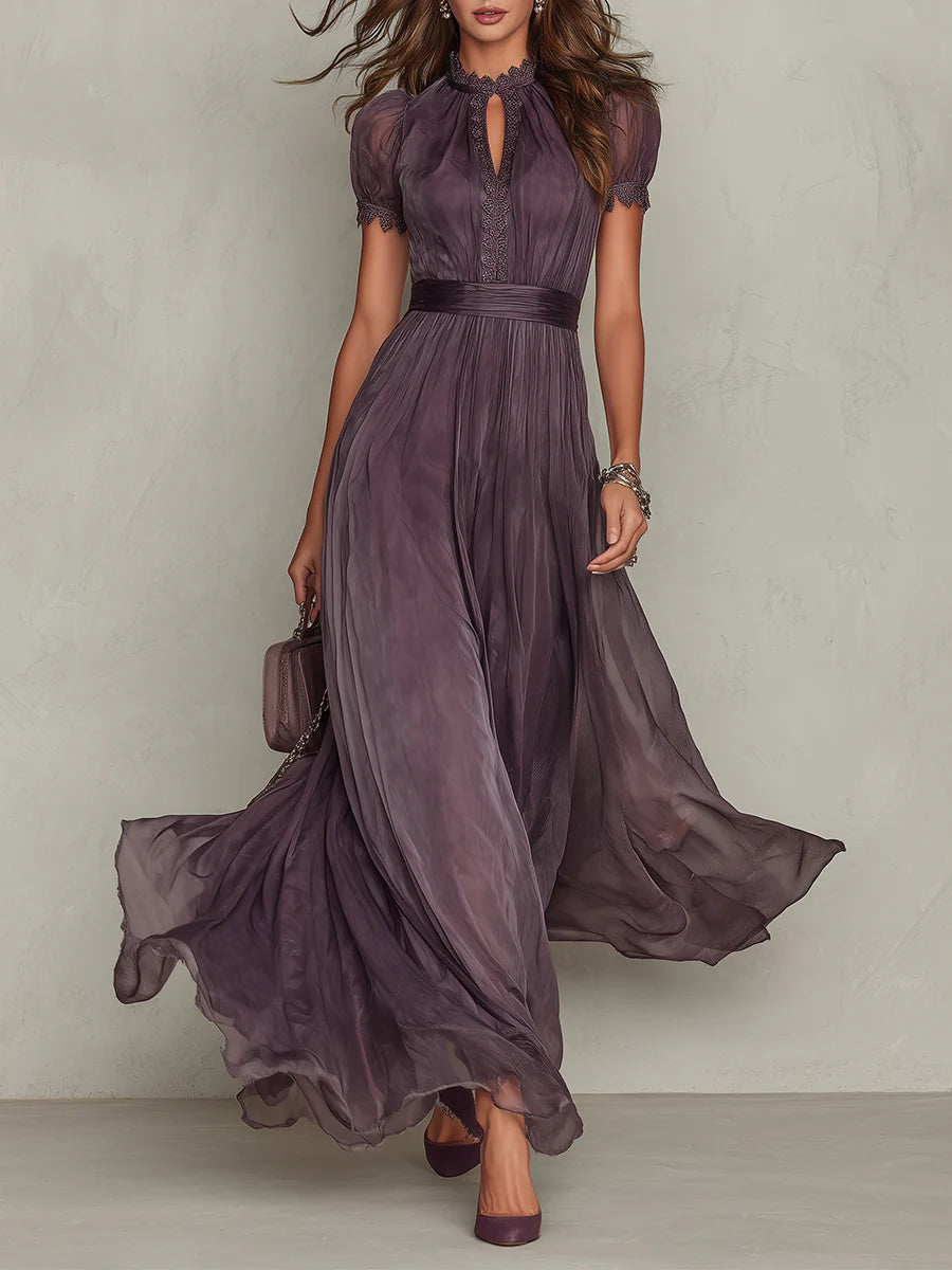 Flavia • Abito Lungo Viola con Scollo a Goccia e Pizzo – Aurea Montiel