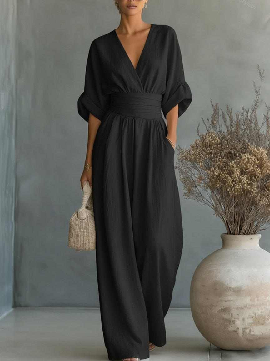 Tuta Elegante con Scollo a V e Vita Alta – Aurea Montiel