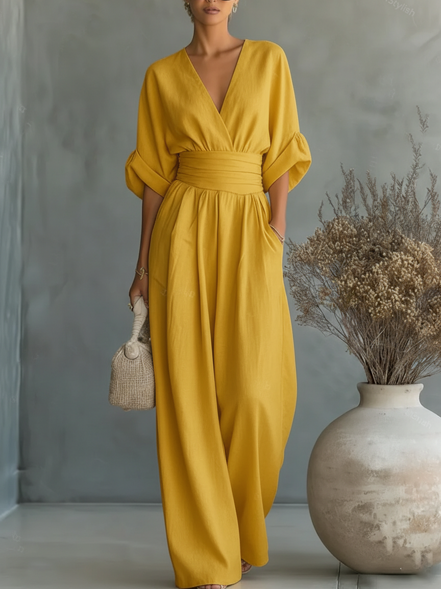 Tuta Elegante con Scollo a V e Vita Alta – Aurea Montiel