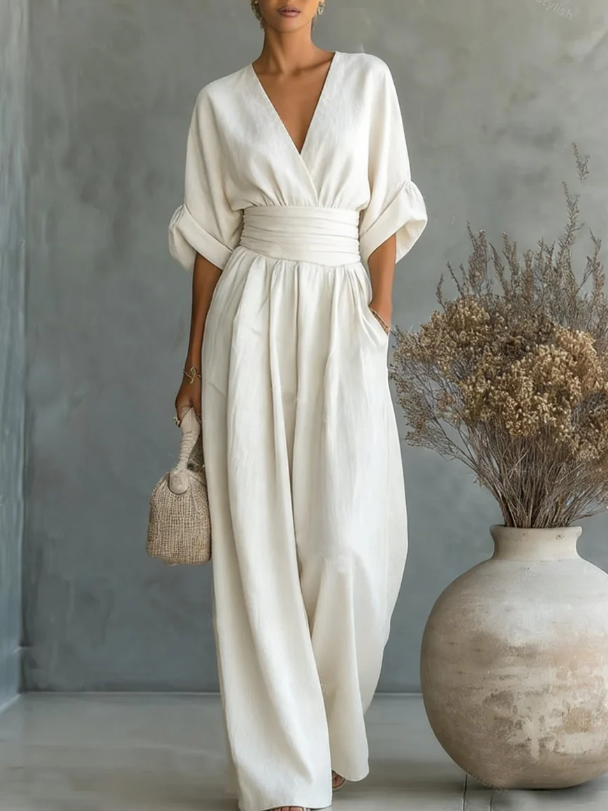 Tuta Elegante con Scollo a V e Vita Alta – Aurea Montiel
