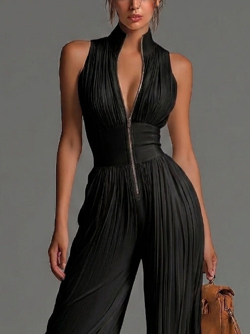 Anna – Tuta in Chiffon Plissettata Nera – Aurea Montiel
