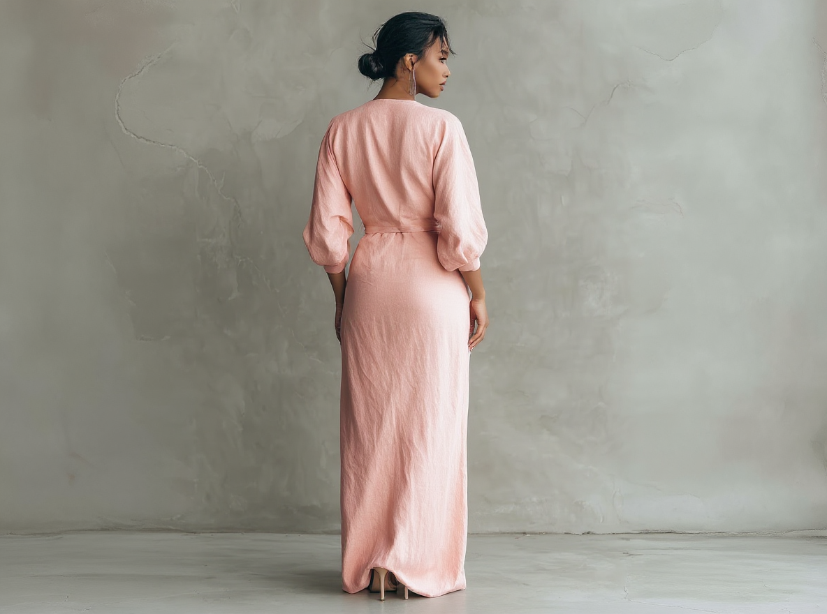 Abito Lungo Minimalista con Scollo a V in Misto Lino – Aurea Montiel