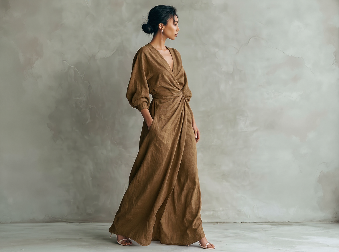 Abito Lungo Minimalista con Scollo a V in Misto Lino – Aurea Montiel
